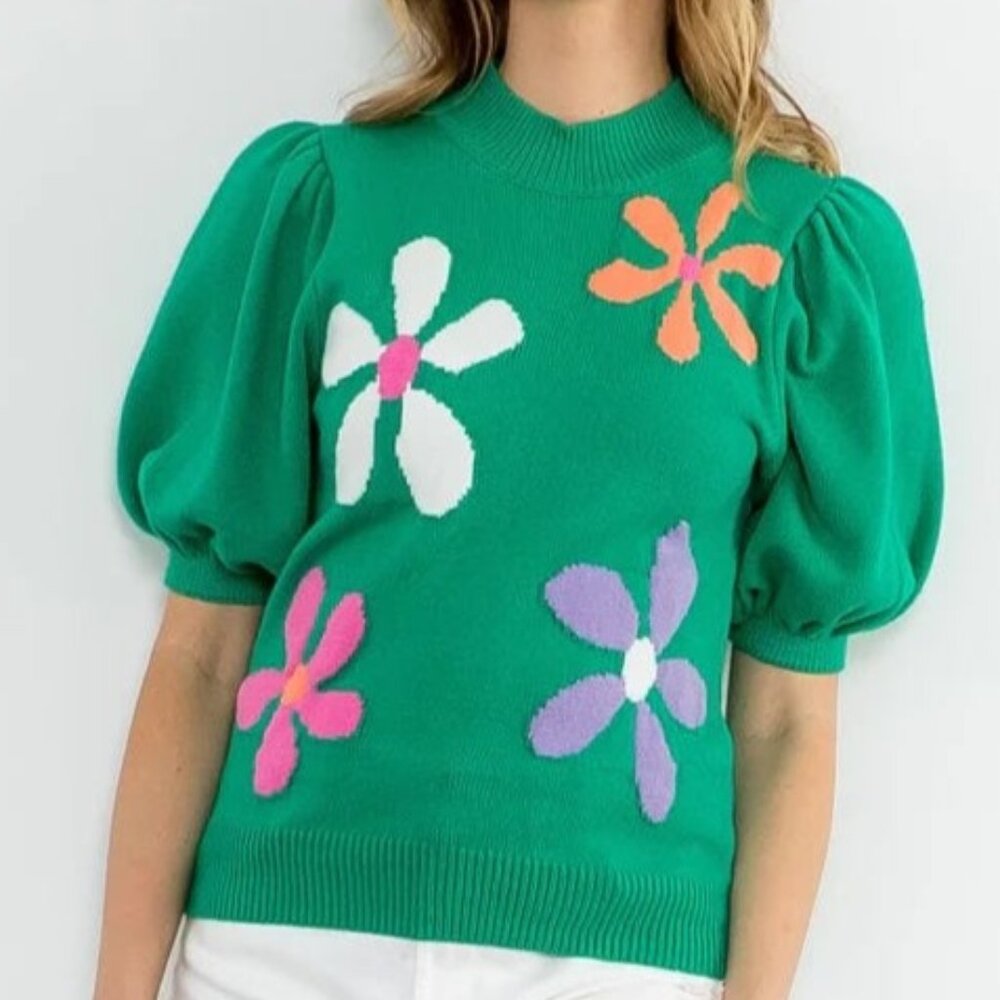 Green Flower Knit Top
